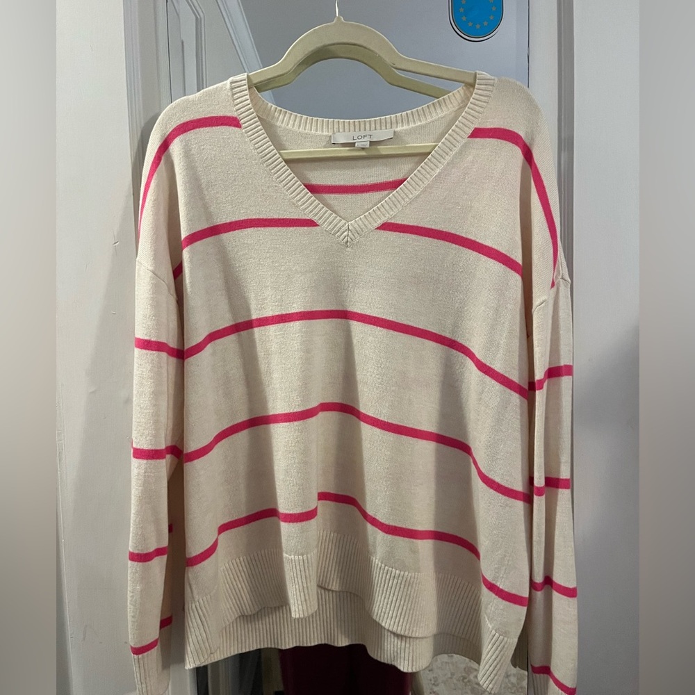 LOFT V-Neck Sweater in Cream and Pink Stripes